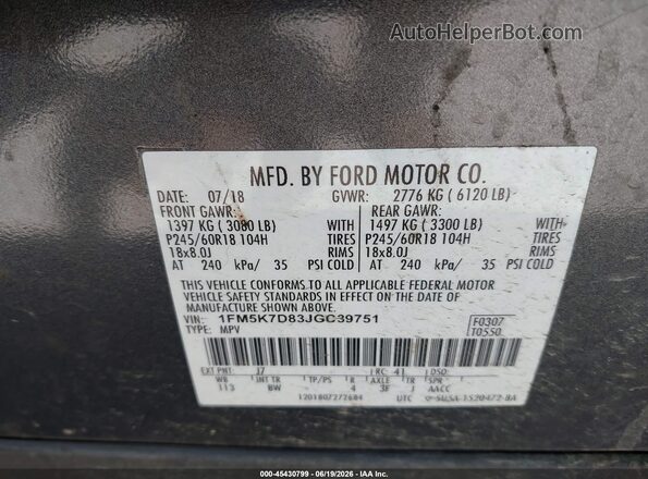 1FM5K7D83JGC39751 2018 FORD EXPLORER Gray Շարժիչի բաժամունքի տեսք