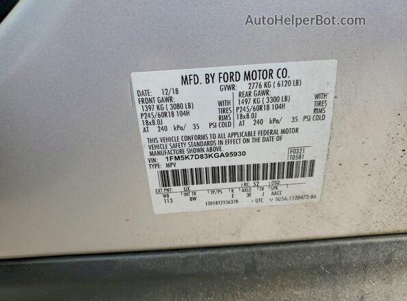 1FM5K7D83KGA95930 2019 FORD EXPLORER Silver Vista de la etiqueta del VIN