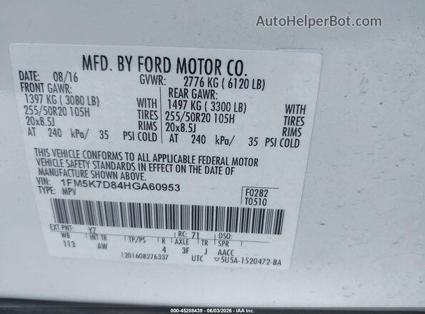 1FM5K7D84HGA60953 2017 FORD EXPLORER White Vista del compartimento del motor