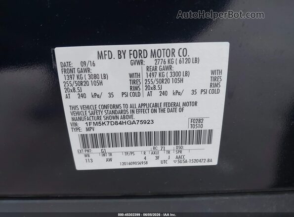 1FM5K7D84HGA75923 2017 FORD EXPLORER Black Շարժիչի բաժամունքի տեսք