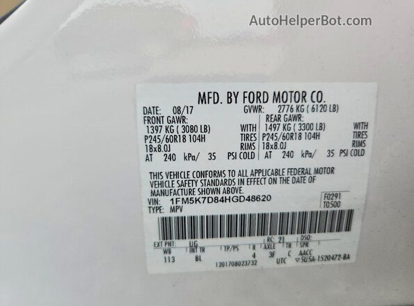 1FM5K7D84HGD48620 2017 FORD EXPLORER White 360 interior view