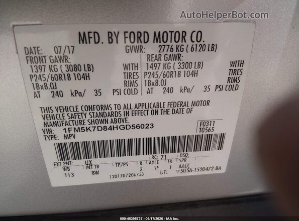 1FM5K7D84HGD56023 2017 FORD EXPLORER Silver Вид підкапотного простору