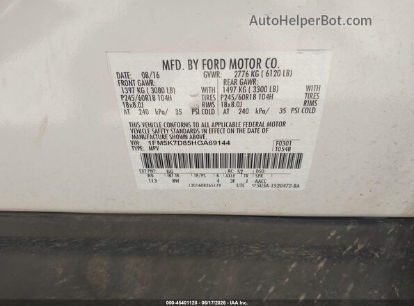 1FM5K7D85HGA69144 2017 FORD EXPLORER White ძრავის განყოფილების ხედი