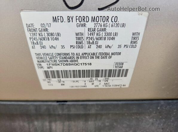 1FM5K7D85HGC17518 2017 FORD EXPLORER Silver Widok naklejki z numerem VIN
