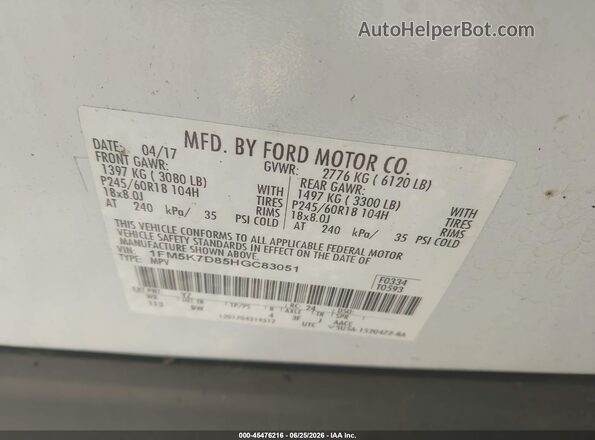 1FM5K7D85HGC83051 2017 FORD EXPLORER White Շարժիչի բաժամունքի տեսք