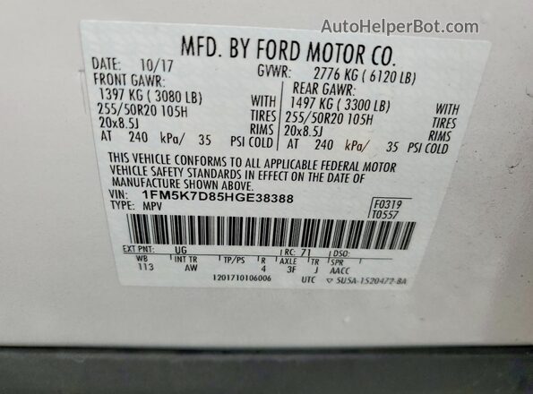 1FM5K7D85HGE38388 2017 FORD EXPLORER White 