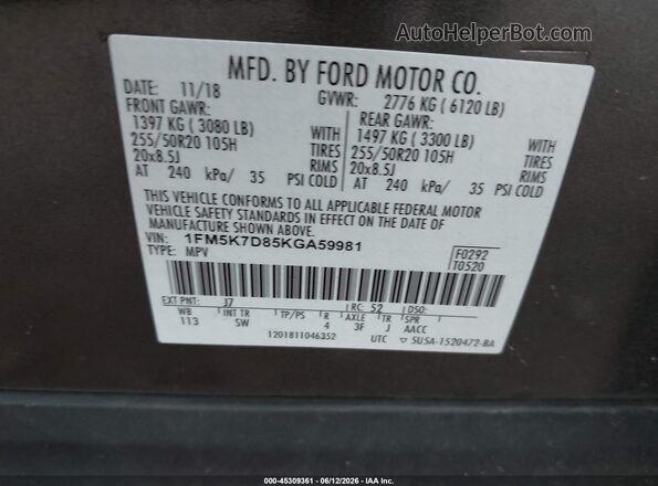 1FM5K7D85KGA59981 2019 FORD EXPLORER Gray ძრავის განყოფილების ხედი