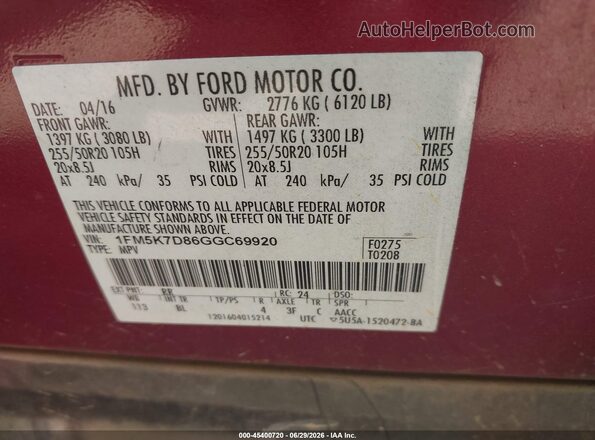 1FM5K7D86GGC69920 2016 FORD EXPLORER Red Vista del compartimento del motor