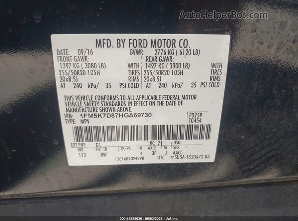 1FM5K7D87HGA69730 2017 FORD EXPLORER Black Vista del compartimento del motor