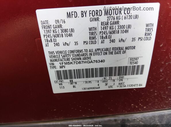 1FM5K7D87HGA76340 2017 FORD EXPLORER Красный Вид подкапотного пространства