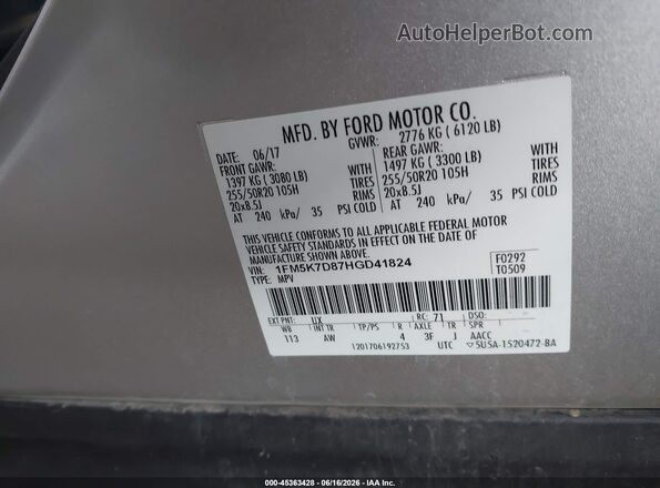 1FM5K7D87HGD41824 2017 FORD EXPLORER Silver Widok komory silnika