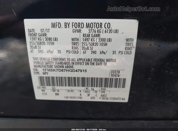 1FM5K7D87HGD47915 2017 FORD EXPLORER Black 