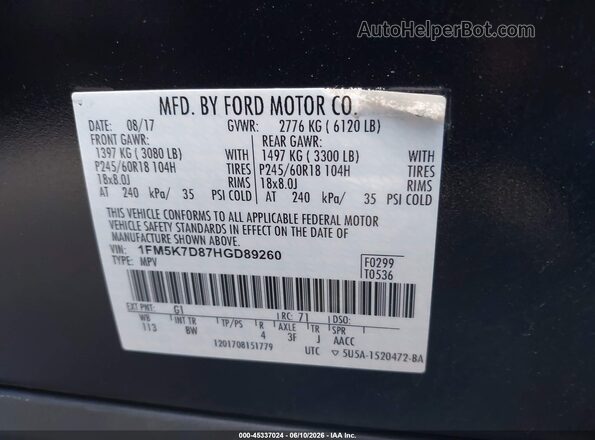 1FM5K7D87HGD89260 2017 FORD EXPLORER Black Շարժիչի բաժամունքի տեսք