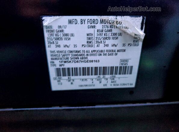 1FM5K7D87HGE08163 2017 FORD EXPLORER Blue Widok naklejki z numerem VIN