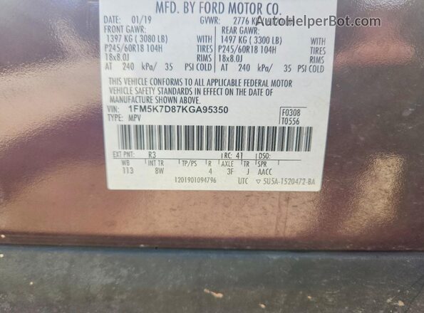 1FM5K7D87KGA95350 2019 FORD EXPLORER Burgundy 360 interior view