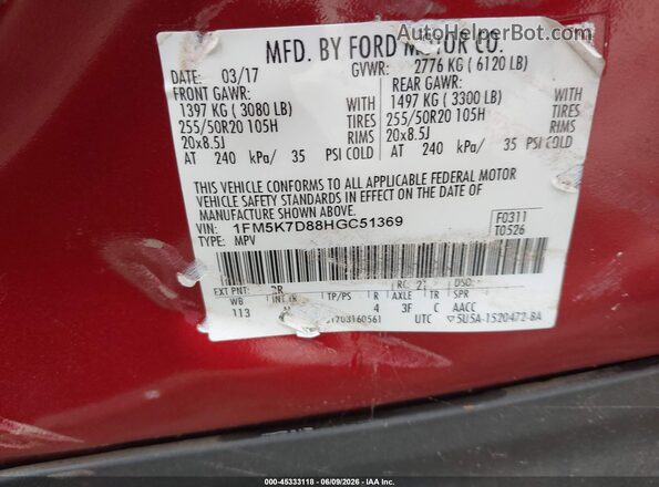 1FM5K7D88HGC51369 2017 FORD EXPLORER Red Շարժիչի բաժամունքի տեսք