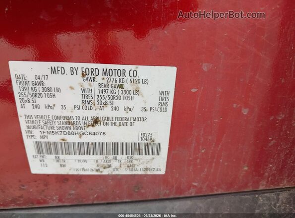 1FM5K7D88HGC84078 2017 FORD EXPLORER Red Вид підкапотного простору