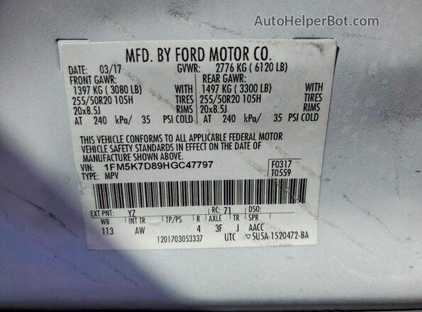 1FM5K7D89HGC47797 2017 FORD EXPLORER White VIN կոդի պիտակի տեսք