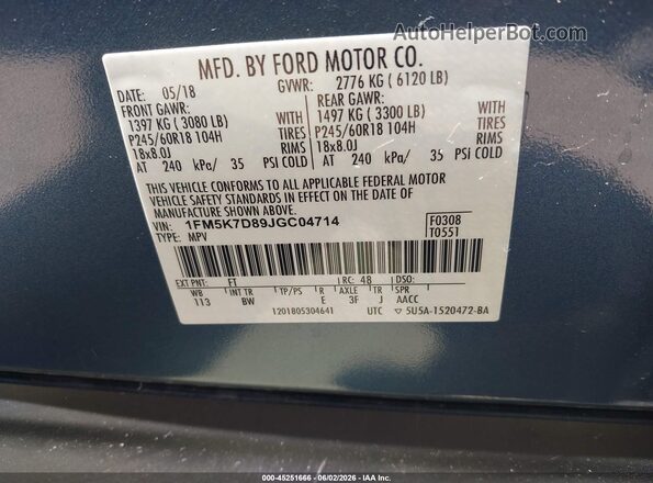 1FM5K7D89JGC04714 2018 FORD EXPLORER Blue 