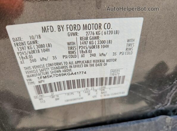 1FM5K7D89KGA41774 2019 FORD EXPLORER Gray 