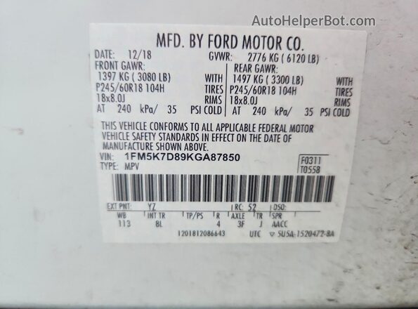 1FM5K7D89KGA87850 2019 FORD EXPLORER White Вид наклейки з VIN-кодом