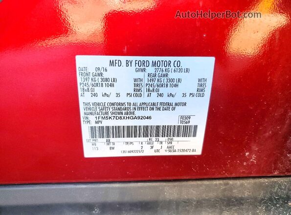 1FM5K7D8XHGA92046 2017 FORD EXPLORER Burgundy VIN sticker view