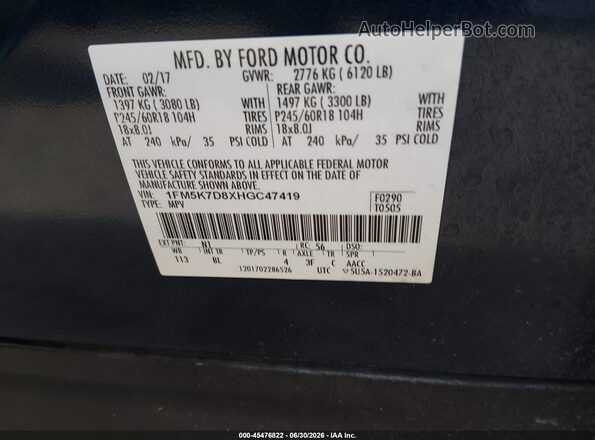 1FM5K7D8XHGC47419 2017 FORD EXPLORER Blue Vista del compartimento del motor