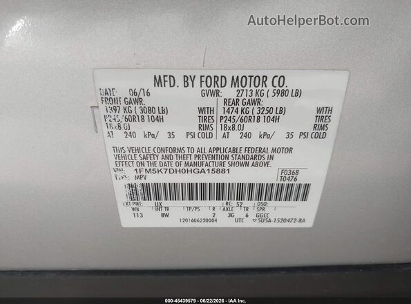1FM5K7DH0HGA15881 2017 FORD EXPLORER Серебряный Вид подкапотного пространства