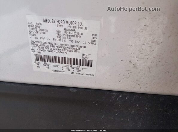 1FM5K7DH2HGD86170 2017 FORD EXPLORER White Вид підкапотного простору