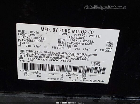 1FM5K7DH3GGC34574 2016 FORD EXPLORER Black Engine compartment view