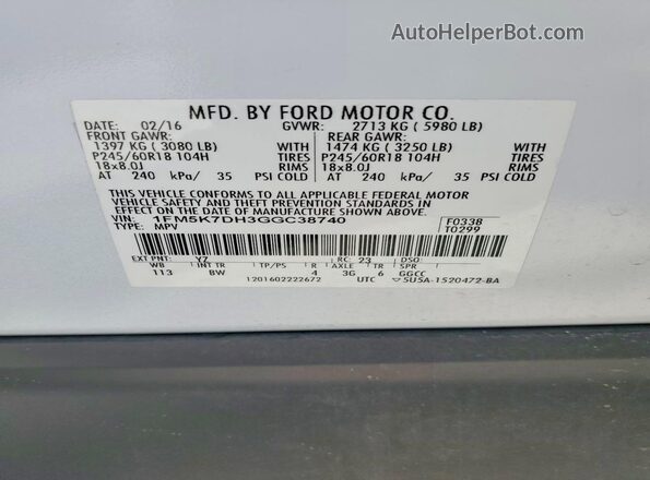 1FM5K7DH3GGC38740 2016 FORD EXPLORER White Вид наклейки з VIN-кодом