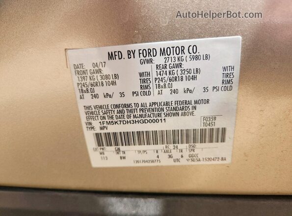 1FM5K7DH3HGD00011 2017 FORD EXPLORER Gold Widok naklejki z numerem VIN