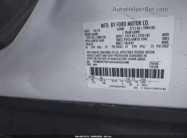 1FM5K7DH3KGA52348 2019 FORD EXPLORER White Widok komory silnika