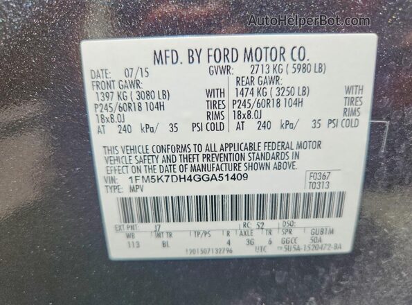 1FM5K7DH4GGA51409 2016 FORD EXPLORER Gray 