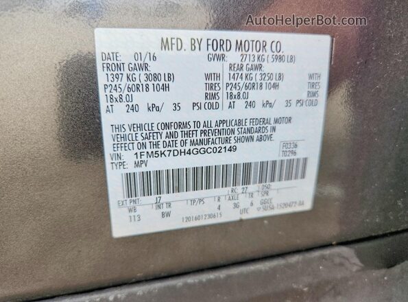 1FM5K7DH4GGC02149 2016 FORD EXPLORER Charcoal Widok naklejki z numerem VIN