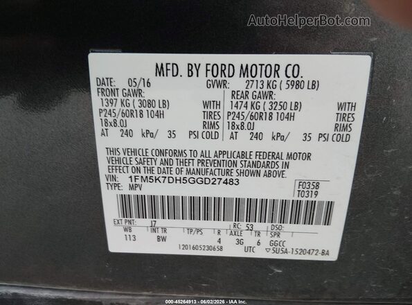 1FM5K7DH5GGD27483 2016 FORD EXPLORER Gray Vista del compartimento del motor
