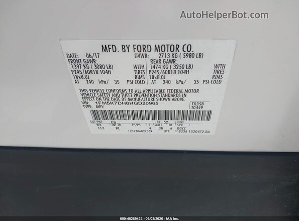 1FM5K7DH8HGD20965 2017 FORD EXPLORER White Widok komory silnika