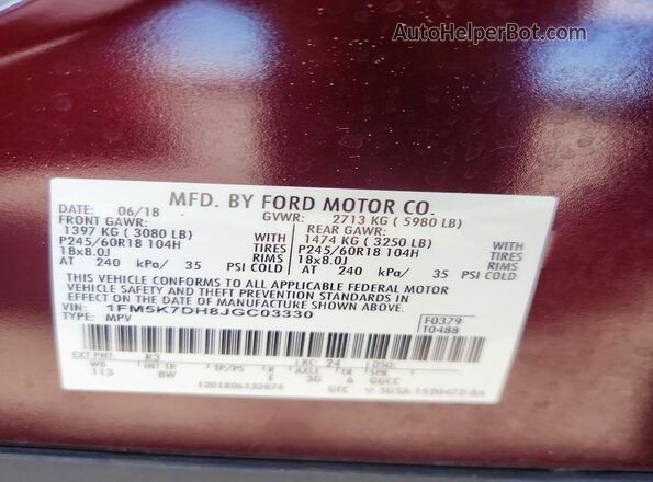 1FM5K7DH8JGC03330 2018 FORD EXPLORER Maroon 