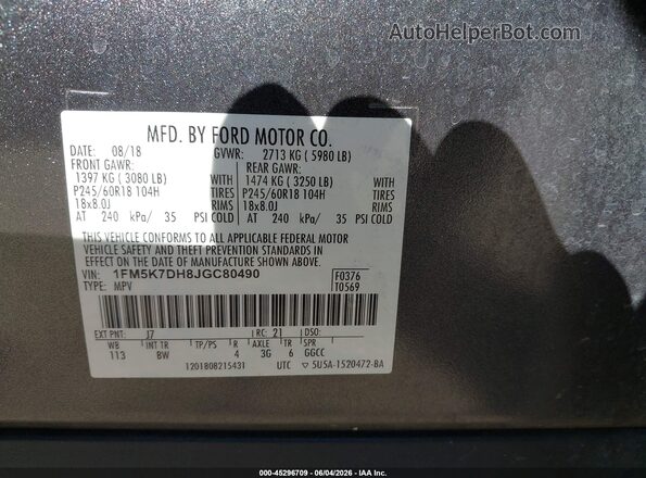 1FM5K7DH8JGC80490 2018 FORD EXPLORER Gray Widok komory silnika