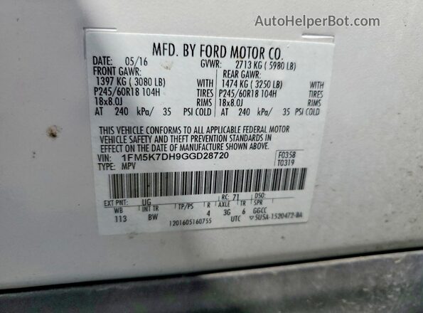 1FM5K7DH9GGD28720 2016 FORD EXPLORER White Widok naklejki z numerem VIN