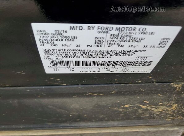 1FM5K7DHXGGC64610 2016 FORD EXPLORER Black VIN sticker view