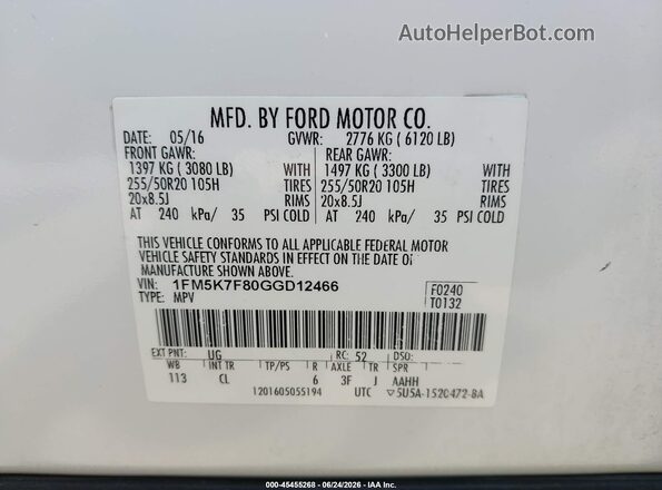 1FM5K7F80GGD12466 2016 FORD EXPLORER White Engine compartment view