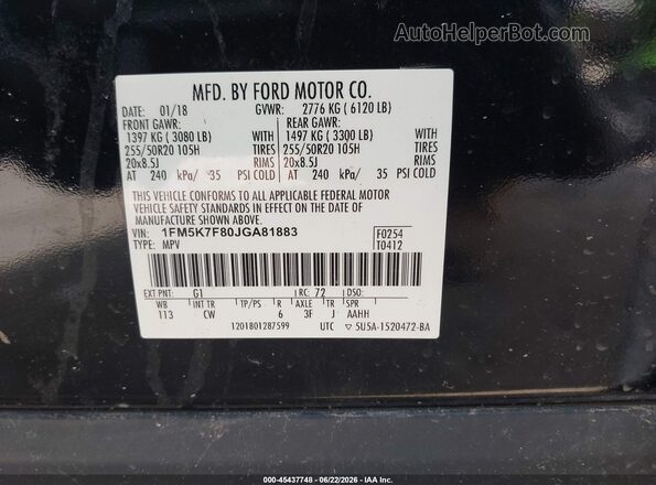 1FM5K7F80JGA81883 2018 FORD EXPLORER Black Engine compartment view