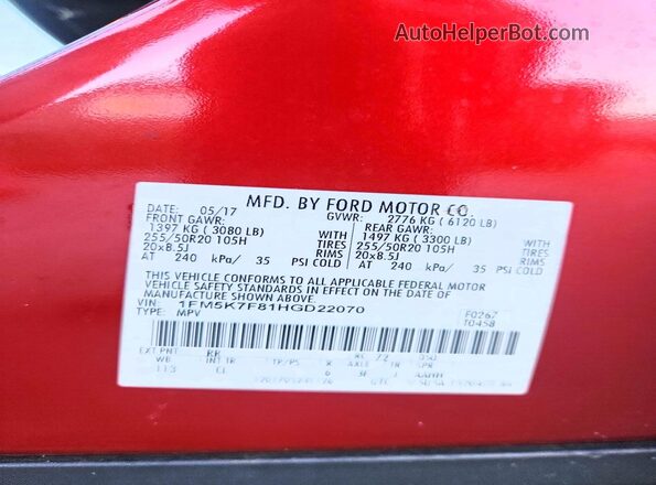 1FM5K7F81HGD22070 2017 FORD EXPLORER Red 