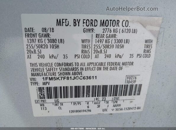 1FM5K7F81JGC63611 2018 FORD EXPLORER White Widok komory silnika
