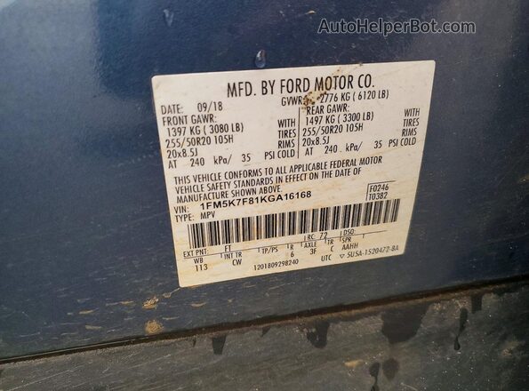 1FM5K7F81KGA16168 2019 FORD EXPLORER Blue Vista interior de 360 grados