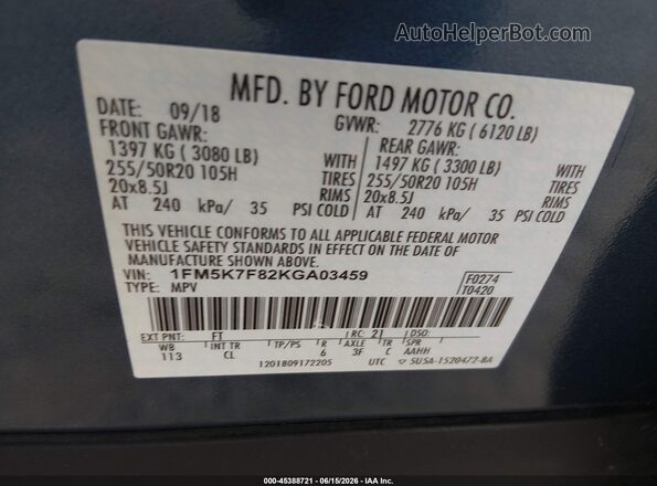 1FM5K7F82KGA03459 2019 FORD EXPLORER Dark Blue Շարժիչի բաժամունքի տեսք