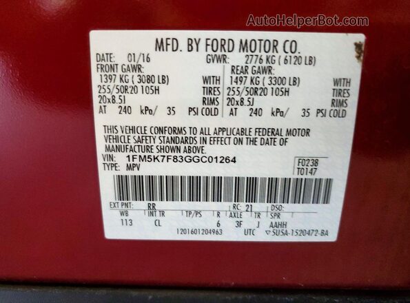 1FM5K7F83GGC01264 2016 FORD EXPLORER Red 