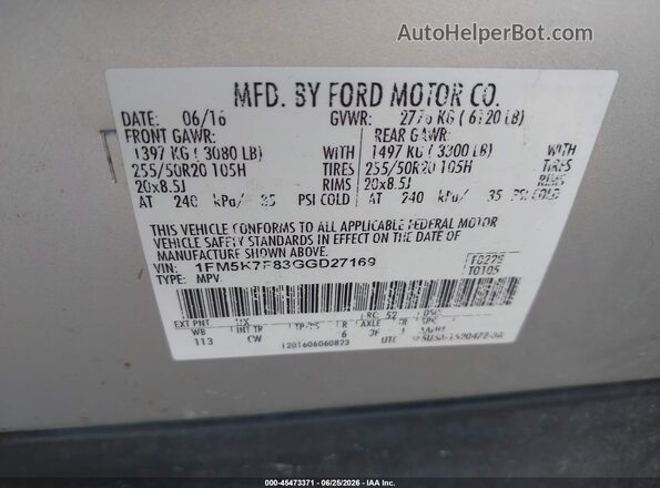 1FM5K7F83GGD27169 2016 FORD EXPLORER Silver Vista del compartimento del motor