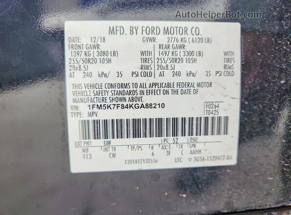 1FM5K7F84KGA88210 2019 FORD EXPLORER Black VIN sticker view
